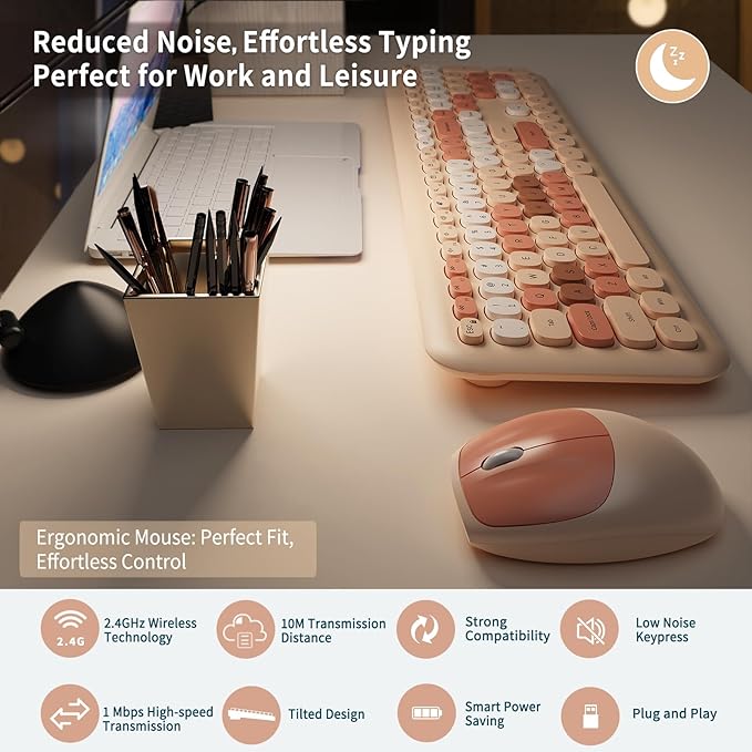 Nowlike Wireless Keyboard and Mouse Combo, Retro Typewriter Keyboard with Round Keycaps, Full-Size Ergonomic, Brown, Ideal for Windows PC, Home, Office, and College, Wireless Keyboard Mouse Combo
