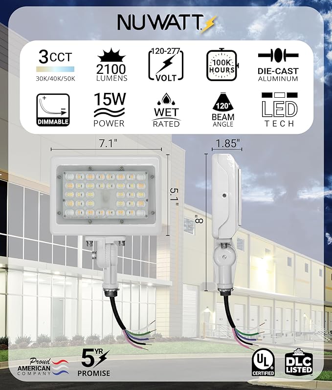 NUWATT 15W LED Flood Light, 3CCT 3000K/4000K/5000K Selectable, IP65 Waterproof Lighting, 1/2" Adjustable Knuckle Mount, 2100 Lumens, 120-277V, Outdoor Security Floodlight for Yard, White, UL