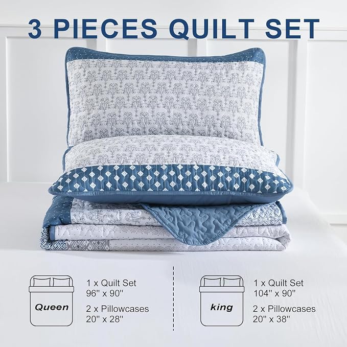 WONGS BEDDING Blue Quilt King Size, 3 Pieces Boho Striped Bedspreads | - Image 8