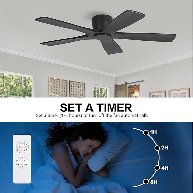 WINGBO 48" Flush Mount DC Ceiling Fans Without Lights, 5 Carved Solid Wood Blades, 6-Speed Reversible DC Motor, Low Profile Hugger Ceiling Fan No Lights for Living Room Bedroom Patio, Matte Black