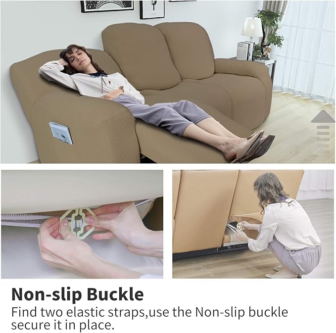 Easy-Going 6 Pieces Recliner Loveseat Stretch Sofa Slipcover Sofa Cover Furniture Protector Couch Soft with Elastic Bottom Kids, Spandex Jacquard Fabric Small Checks Tan