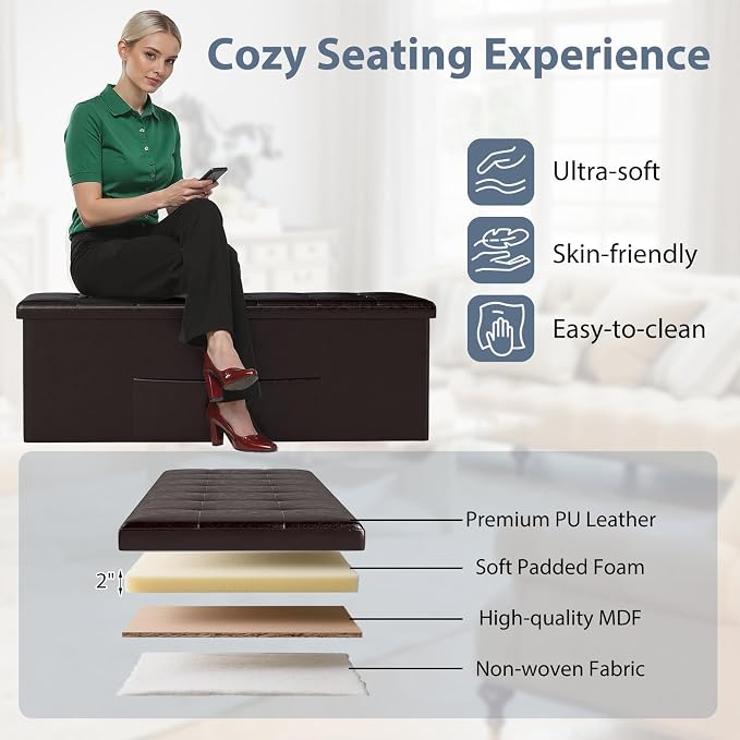 Giantex 43 Inches Folding Storage Ottoman Bench, Upholstered PU Leather Storage - Image 6