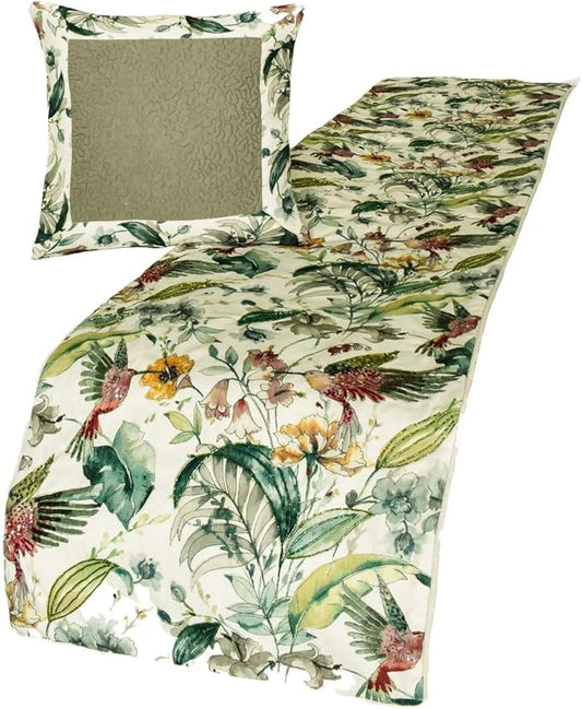 The HomeCentric King Queen Twin Ivory & Multi Designer Queen 74"x18" Bed Runner with 2 Pillow Cover, Bird, Sequins & Beaded Bed Scarf on Cotton Fabric - Exotic Birds