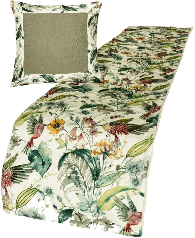 The HomeCentric King Queen Twin Ivory & Multi Designer Full 68"x18" Bed Runner Without Pillow Cover, Bird, Sequins & Beaded Bed Scarf on Cotton Fabric - Exotic Birds