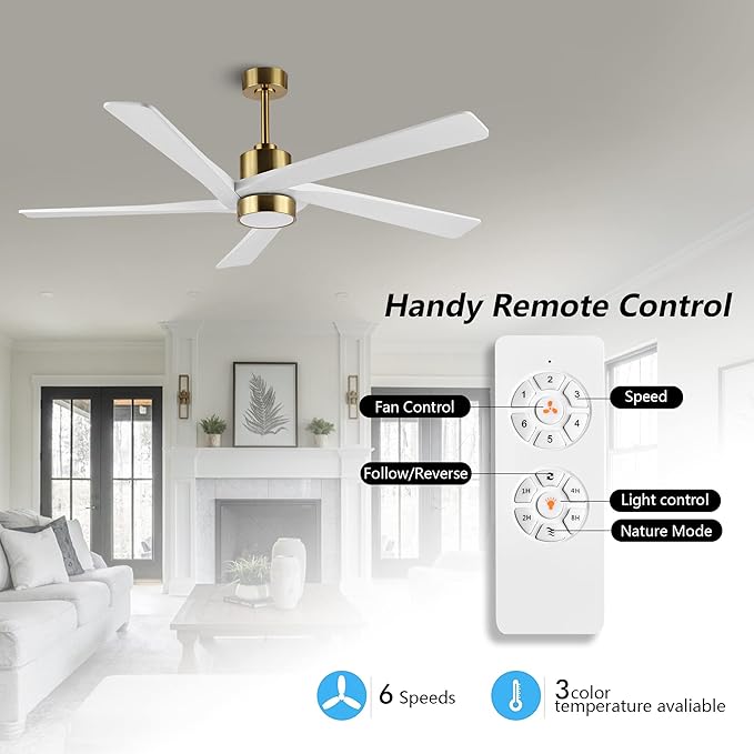 WINGBO 54 Inch DC Ceiling Fan with Lights and Remote Control, 5 Reversible Carved Wood Blades, 6-Speed DC Motor, Modern Ceiling Fan in Brass Finish with White Blades, ETL Listed