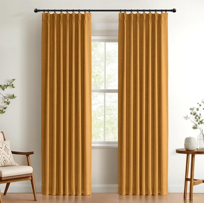 Pinch Pleated Full Blackout Faux Linen Curtains 102 Inches Long | Mustard by 100BlackoutShield