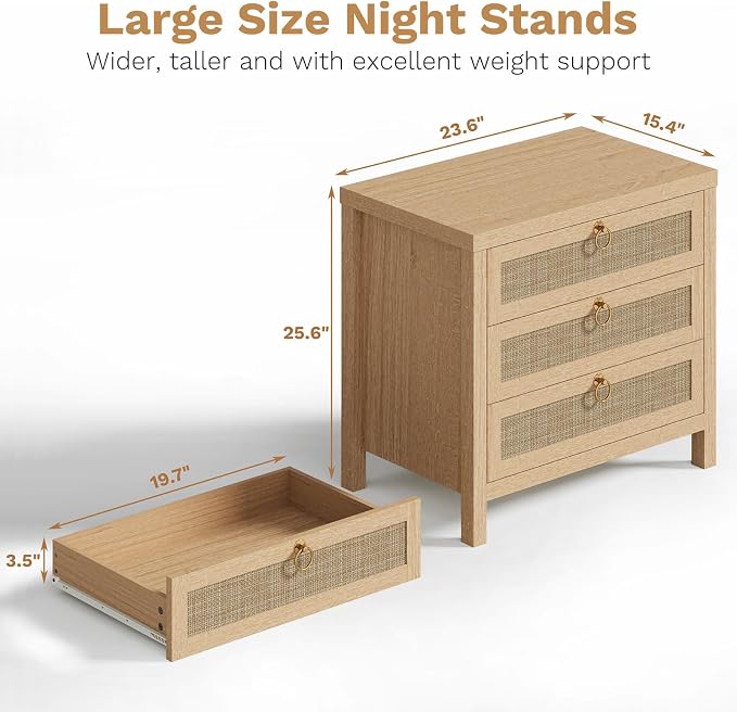 Eclatara Large Rattan Night Stand Set of 2 Boho Nightstand - Image 2