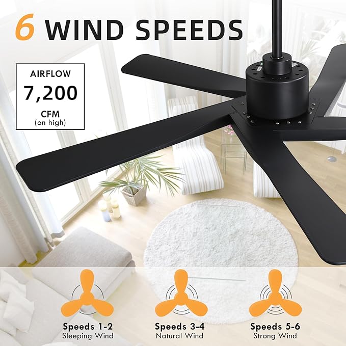 WINGBO 64" ABS DC Ceiling Fan No Light, 5 Blade ABS Plastic Ceiling Fan with Remote, 6-Speed Reversible DC Motor, Ceiling Fans without Light for Kitchen Bedroom Living Room, Matte Black