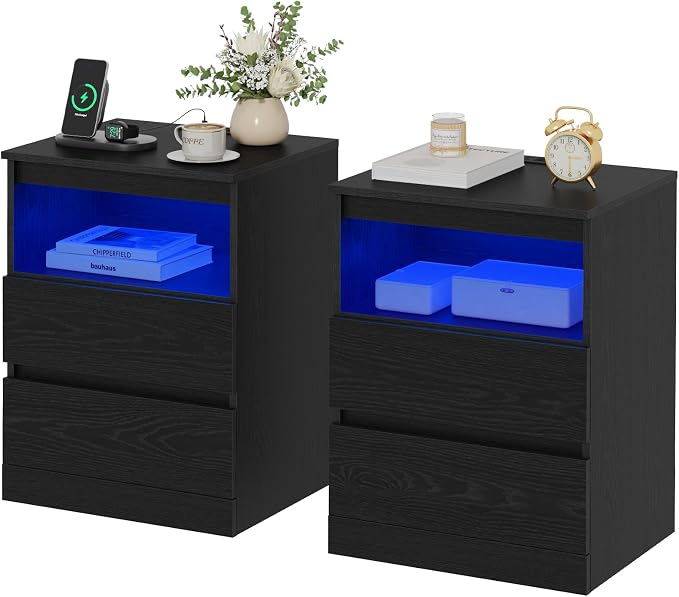 Nightstands Set of 2 with Charging Station, LED Lights and Drawer, Sofa Side by Draelibor