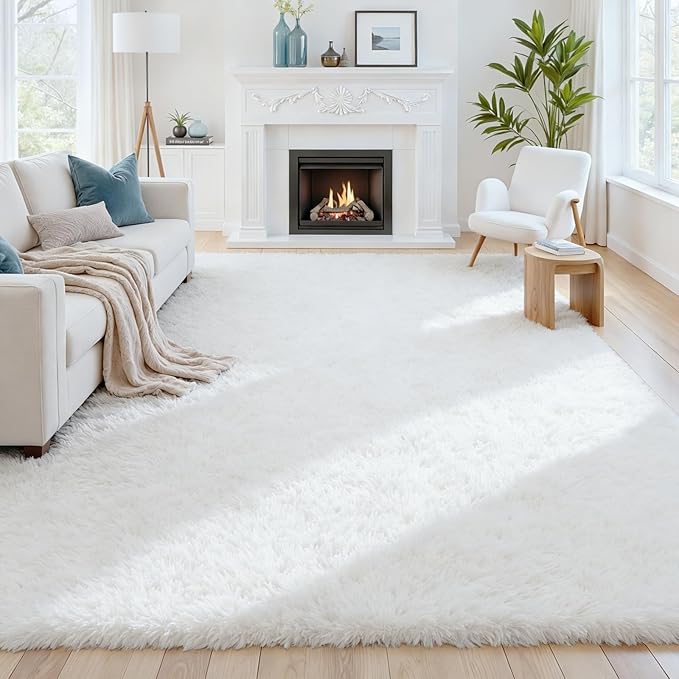 8x10 Fluffy Shag Area Rugs for Living Room Bedroom: Soft Plush Carpet White | - Image 3