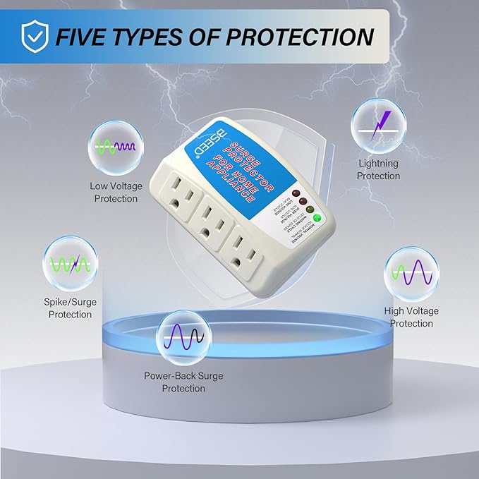 BSEED Voltage Protector, 3 Outlet Plug in Surge Protector for Home Appliance Multi Function Plug with Protection Wall Mount Power Suppressor for TV/PC/Refrigerator 125V, 1875W, 1 Pack