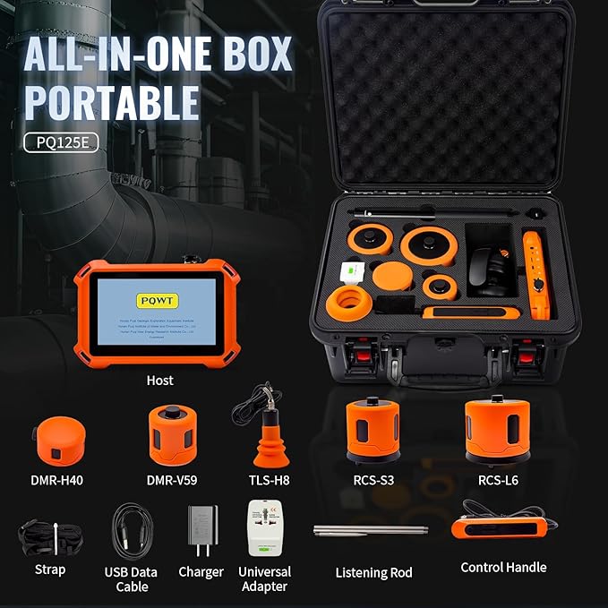 PQWT PQ125E Leak Detector with 5 Sensors, 26.24ft/8M Depth, Pinpoints Leaks to 10cm, for Indoor/Outdoor Pipe & Wall Leak Detection