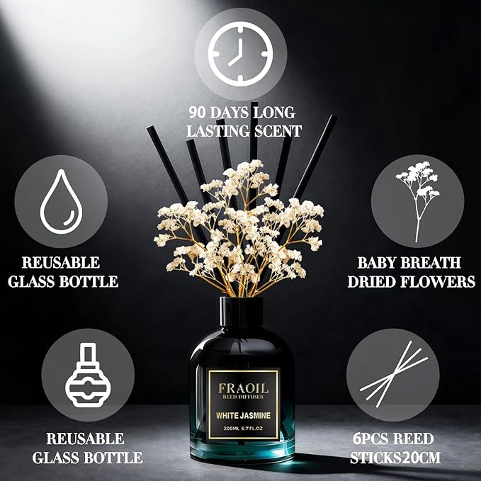 White Jasmine Reed Diffuser, Reed Diffuser Set 6.7 fl oz (200 ml) with 6 Reed Sticks, Home Fragrance Reed Diffuser for Bathroom Shelf House Bedroom Office Decor