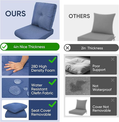 10-Piece Outdoor Patio Cushion Set - Fade & Water Resistant with Removable Olefin Cover, 22x24x4 Inch Memory Foam Cushions for Wicker Sectional Sofa – Blue/Buckle