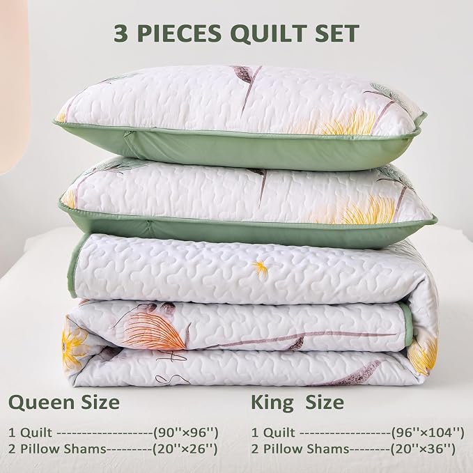 Dinjoy Floral Quilt Set Queen, 3 Pieces Sage Green Botanical Bedspreads | Soft - Image 6