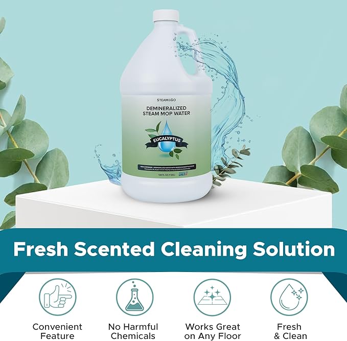Steam & Go Demineralized Water Cleaning Solution for Floor & Multi-Surface Steam Cleaners - Compatible for Any Mop - Eucalyptus Mint, 128 oz