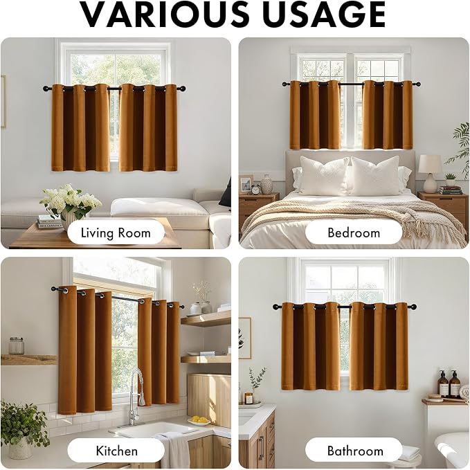 Short Gold Brown Blackout Kitchen Curtain W40 x L45 Inch 2 Panels | Thermal - Image 5