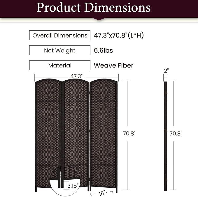 RHF Room Divider Panel, 3 Panel Partition Room Dividers Screen, Dark Mocha | - Image 3