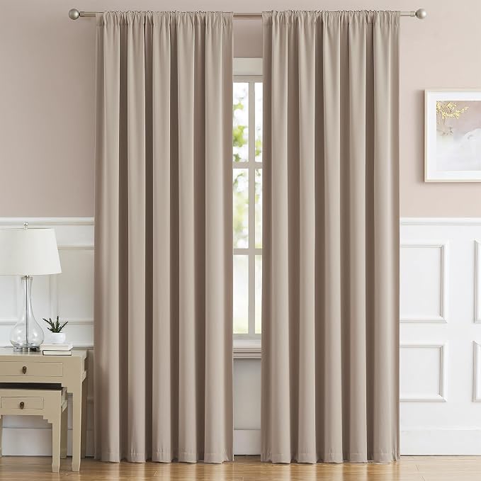 Taupe Room Darkening Curtains Back Tab Rod Pocket 2 Panels Set 63 Inch Length by DUALIFE