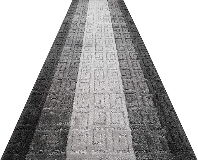 Custom Length Hallway Runner Rug,Slip Resistant,Meander Grey, 26 Inch X 29 feet, Sold and Priced Per Foot