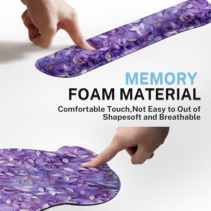 Britimes Purple Oil Painting Leaves Keyboard Mouse Pad Set Plant 4in1 Large Mousepad+Keyboard Wrist Rest+Mouse Wrist Rest+Coaster Ergonomic Design for Home Office Computer 35.4x15.7 inches