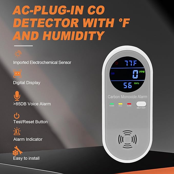 3 Packs Carbon Monoxide Detector Plug in, Carbon Monoxide Alarm,Real-time Digital Display 3-in-1 Level: PPM,°F & Humidity, CO Detector Monitor Alarm for Home,RV,Apartment
