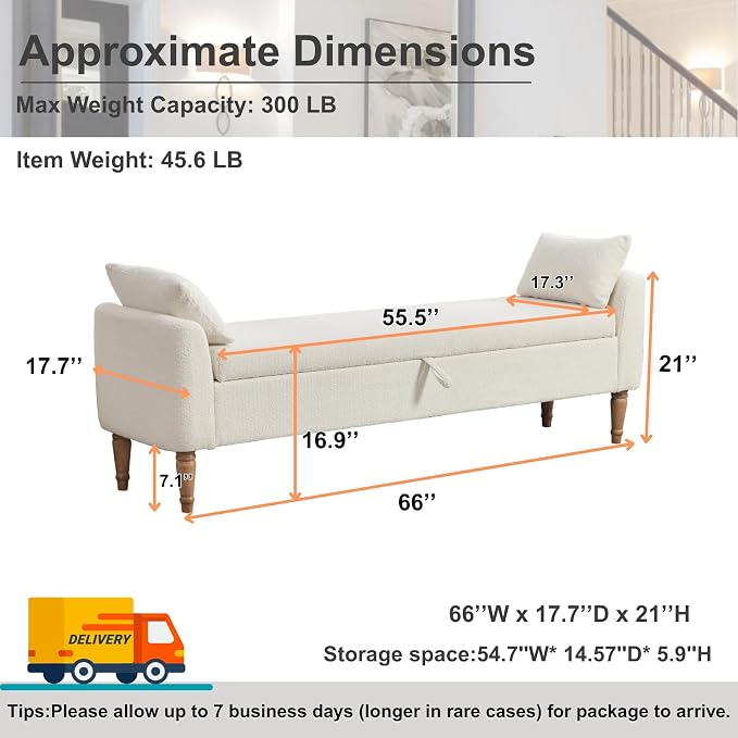 66" End of Bed Storage Bench for Bedroom - Image 2