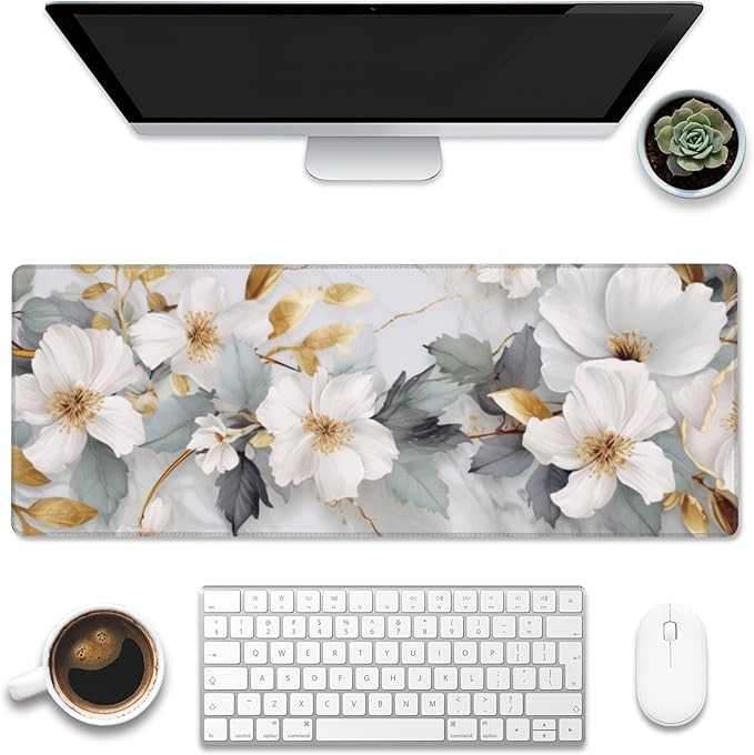 Eflxamz Desk Mat,White Gold Marble Desk Pad,White Flowers Golden Leaves Large Gaming Mouse Pad for Desk,Extended Big Computer Keyboard Mouse Pad with Non-Slip Base and Stitched Edge,31.5"x11.8"