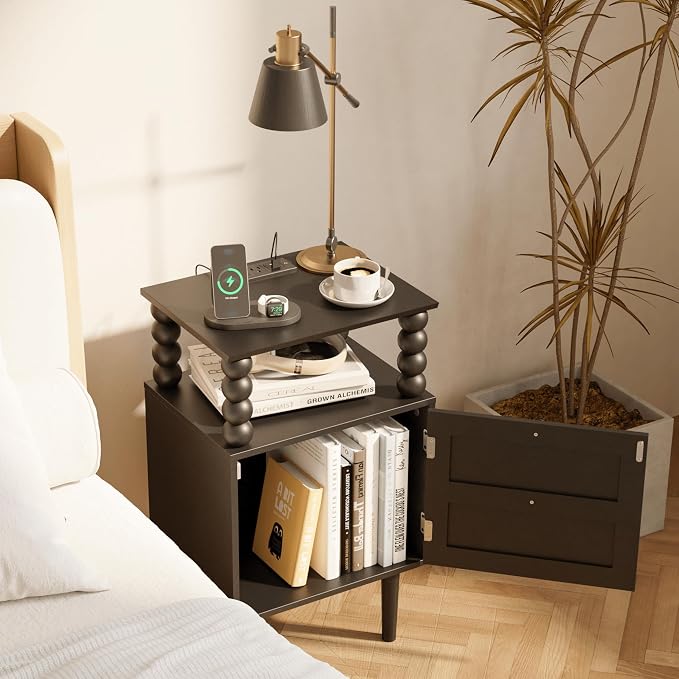 Black Nightstand with Outlet, Storage Drawer and Open Wood Shelf, Wood Legs | - Image 6