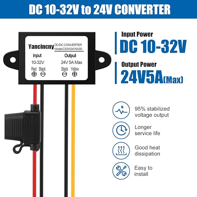 Yancincny Voltage Stabilizer 10-32V to 24V 5A, dc 12V to 24V 120W Waterproof DC DC Converter with Over Current/Temperature Protection & Fuse, for 24V Lighting, CCTV Camera, Car Truck