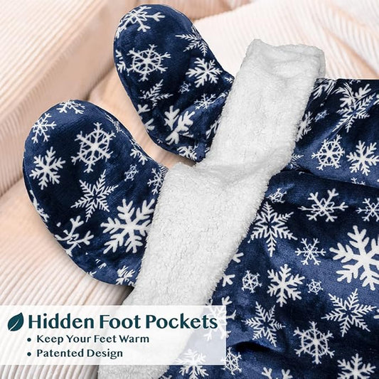 PAVILIA Sherpa Blanket with Sleeves, Foot Pocket for Women Men Adults, Thick Wearable Blanket Throw Wrap, Fleece Warm Snuggle Blanket Robe, Cozy Gift Ideas Wife Mom, Snowflake Blue