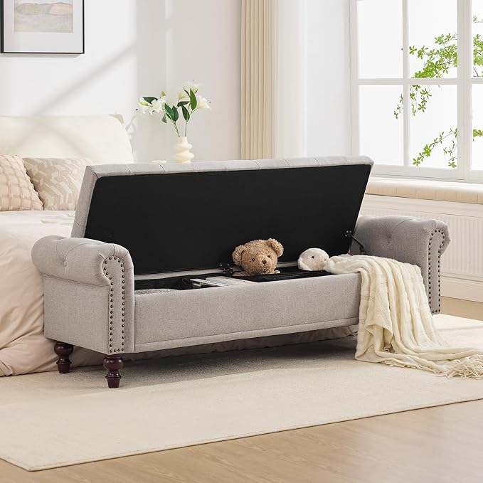 SOFTHION 67" Storage Bench for Bedroom, Linen Upholstered, Light Brown | King by SofthionDesign