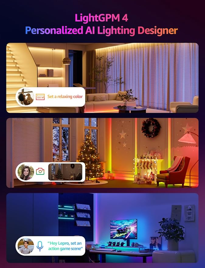 Lepro S1 AI LED Strip Lights for Bedroom - 50ft Smart RGB Light Strips with IC and Rainbow Chasing Effects, Color Segment DIY, Personalized Al Lighting Designer, No Remote, 2.4G Wi-Fi & Bluetooth