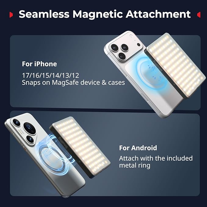 SmallRig M3 Magnetic Selfie Phone Light with Clip, 120 LEDs 2000mAh Rechargeable, 2700K-6500K, Portable Content Creators Light for Video Recording, for iPhone/Laptop/Camera/Webcam (Ink Blue) - 5505