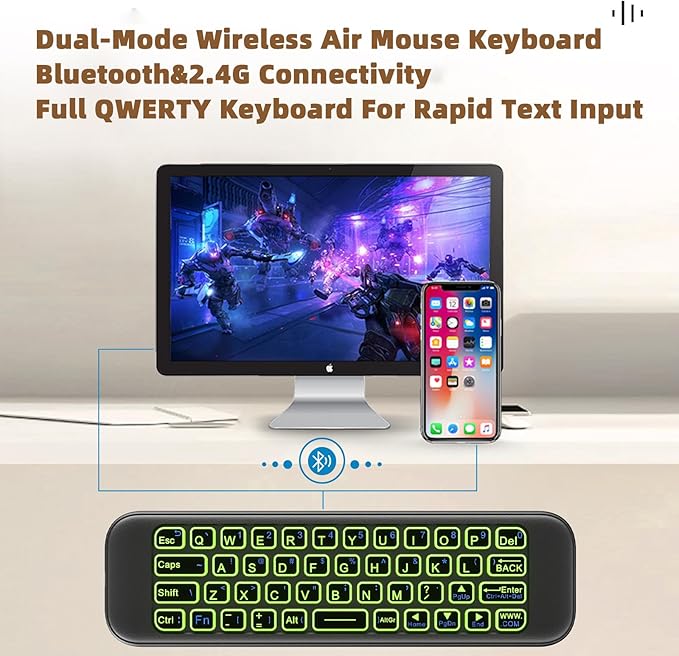 iPazzPort Mini Air Mouse Remote Keyboard with 7-Color Backlight for Android TV Box, Smart TV, HTPC, Projector; Rechargeable Dual-Mode Universal Controller for Couch Browsing
