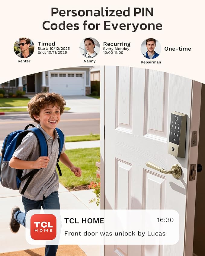 TCL D2 Plus Fingerprint Smart Lock, Wi-Fi Keyless Entry Door Lock, IP55 Weatherproof, Built-in Doorbell, Auto Lock, Easy Install, Brushed Nickel