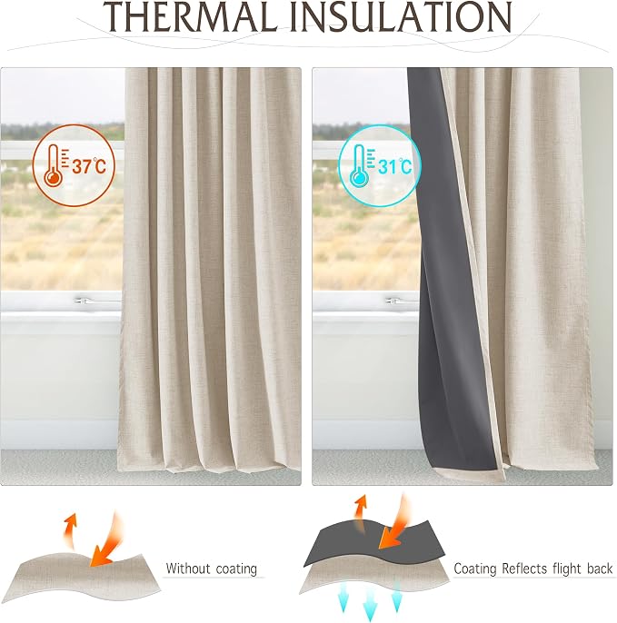 RYB HOME 100% Blackout Pinch Pleated Linen Curtains, Back Tab Drapes Privacy - Image 6