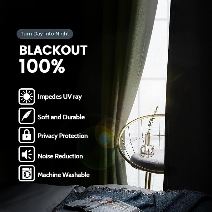SimpleHome Light Sage 100% Blackout Curtains Room Darkening Living Room 72 | - Image 3