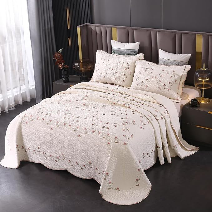 ROOMLIFE Quilt Set Twin Floral Leaves 3D Embroidery Pattern 2-Piece Cotton | - Image 5