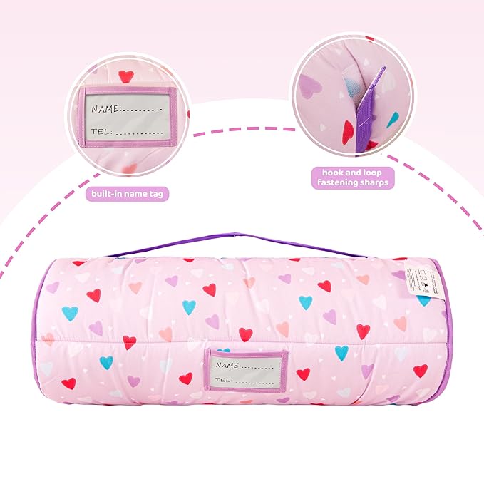 Viviland Toddler Kid Nap Mat for Preschool, Girls Heart Slumber Bag, Purple Daycare Sleeping Mats with Pillow and Blanket, Kindergarten Sleep Mat