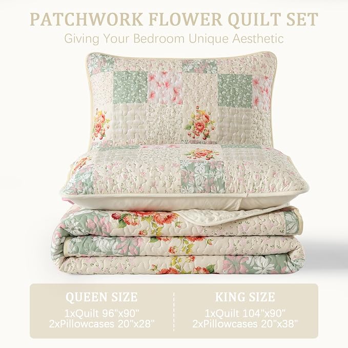 Mybedsoul Beige Patchwork King Size Quilt, Soft Boho Floral King Bedspreads - Image 7