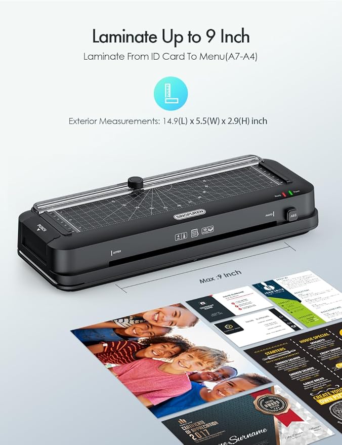 SINOPUREN 9-Inch Laminator Machine, Fast 3-Min Warm-Up, 3-in-1 Thermal Laminator with Built-in Paper Trimmer, 2-Hole Punch, Corner Rounder, Includes 10 Pouches, Ideal for Home, Teachers & Office