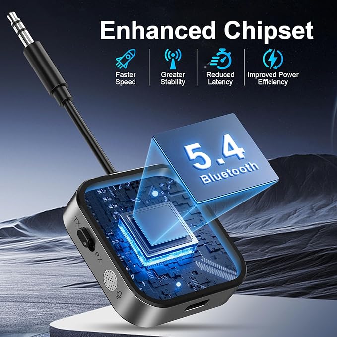 2026 Pro Bluetooth 5.4 Transmitter Receiver, 2-in-1 Wireless Audio Adapter for Airplane/TV/PC/Gym - Dual Link Headphone, Low Latency, Battery Display, Built-in Mic, 30H Playtime, Aviation Metal Frame