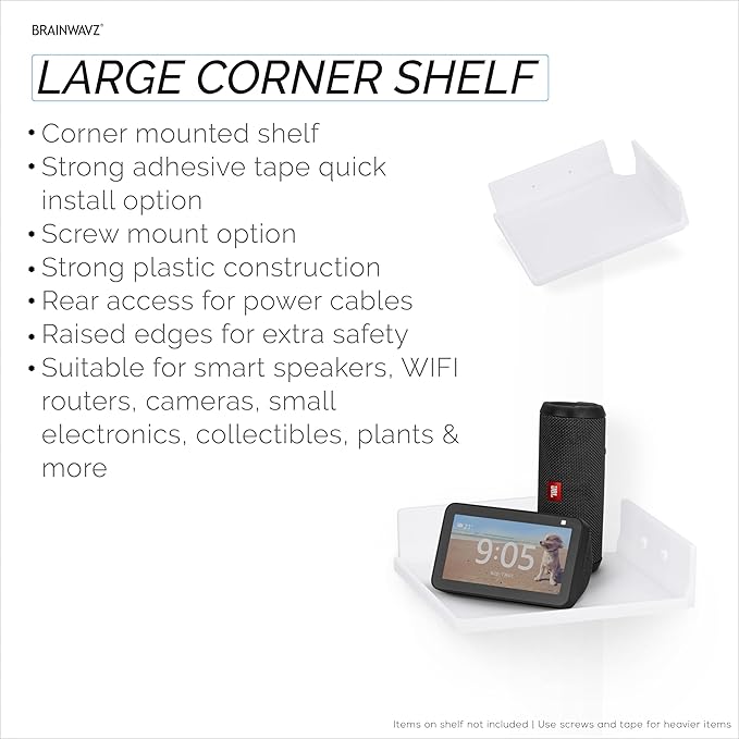 9" Small Corner Shelf Mount, Adhesive & Screw in, for Speakers, Cameras, Baby Monitors, Plants, Books Electronics, Collectibles & More, Floating Shelves (White) by Brainwavz
