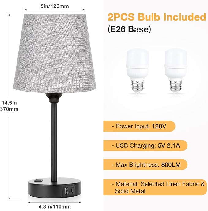 Grey Bedside Lamps Set 2 for Bedroom - Image 7