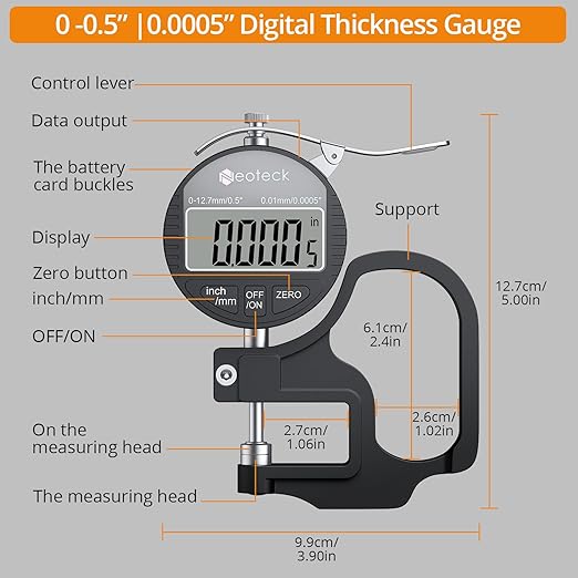 Neoteck Digital Thickness Gauge (Silver-Black, 0-0.5"/0.0005")