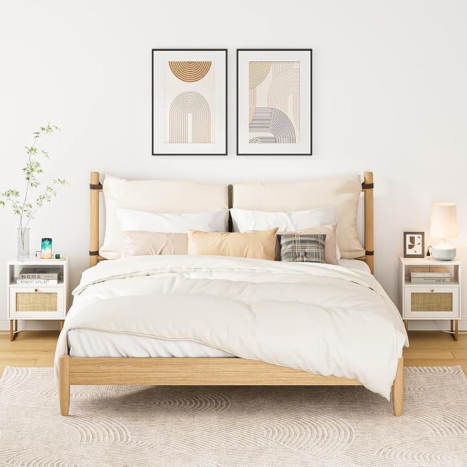 Masupu Rattan Nightstand with Charging Station, Modern Boho Farmhouse Wood - Image 6