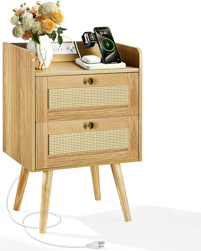 Rattan Nightstand with Charging Station, Bedside Table with 2 Drawers | Night by Unknown