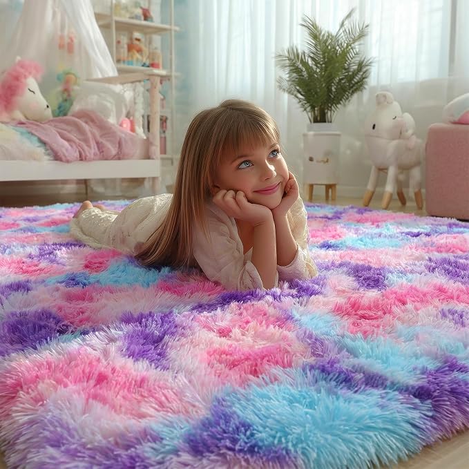Rainbow Purple Rugs for Girls Bedoom 5x8 Ft, Fluffy Cute Colorful Pastel Girls - Image 5