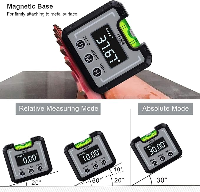 Digital Angle Finder Magnetic & Level Bubble Vial 4 X 90°Angle Gauge Inclinometer, Mini Level Bevel Gauge Protractor for Woodworking, Building, Table Saw, Vertical Wall (white)